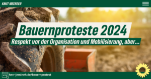 Im Hintergrund ist ein großes Rad eines Traktors zu sehen. Davor der Text: Bauernproteste 2024 - Respekt vor der Organisation und Mobilisierung, aber... Darunter der Link: https://herr-jemineh.de/bauernprotest