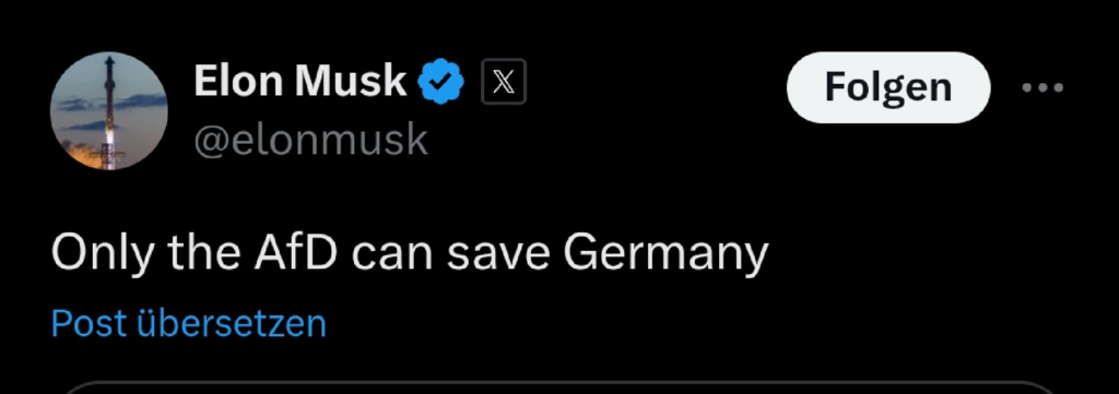 Ein Tweet von Elon Musk. Er schreibt: Only the AfD ca save Germany